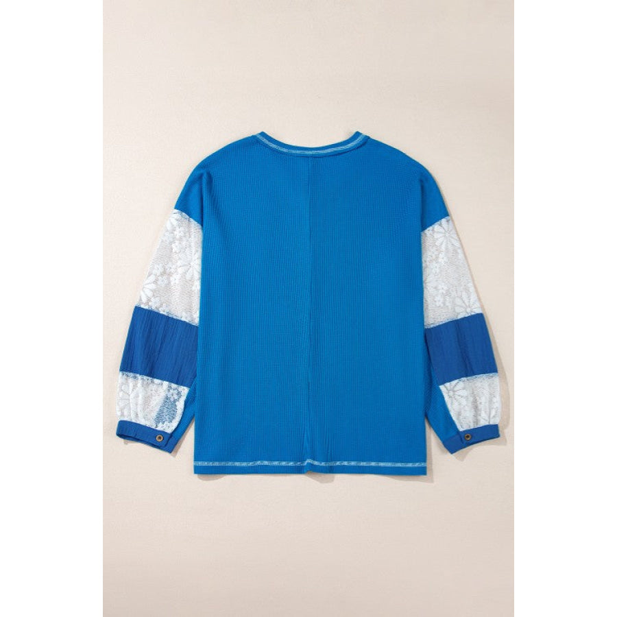 Lace Patchwork Sleeve Stitching V Neck Top Apparel and Accessories