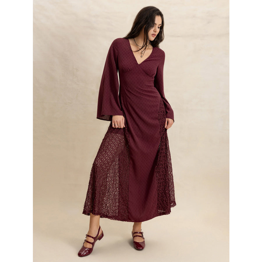 Lace Patchwork V-Neck Long Sleeve Midi Dress Apparel and Accessories