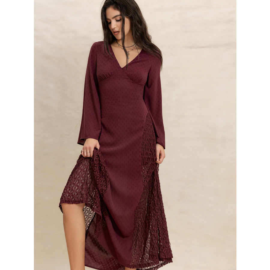 Lace Patchwork V-Neck Long Sleeve Midi Dress Apparel and Accessories