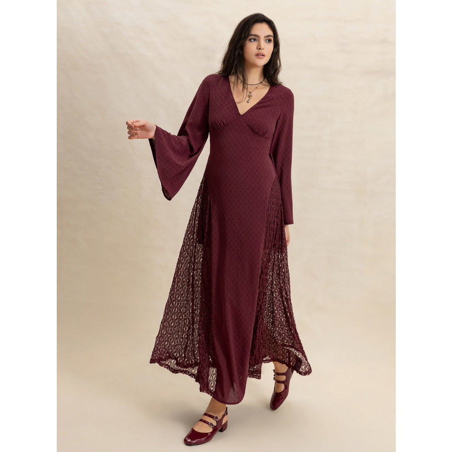 Lace Patchwork V-Neck Long Sleeve Midi Dress Burgundy / S Apparel and Accessories