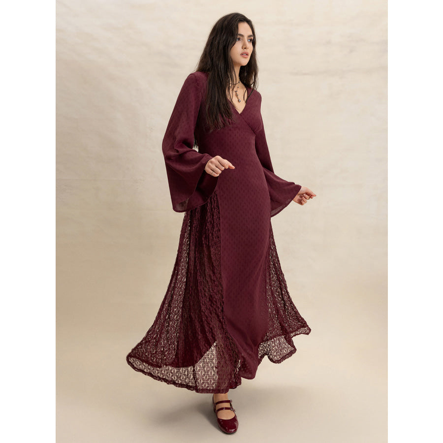 Lace Patchwork V-Neck Long Sleeve Midi Dress Burgundy / S Apparel and Accessories