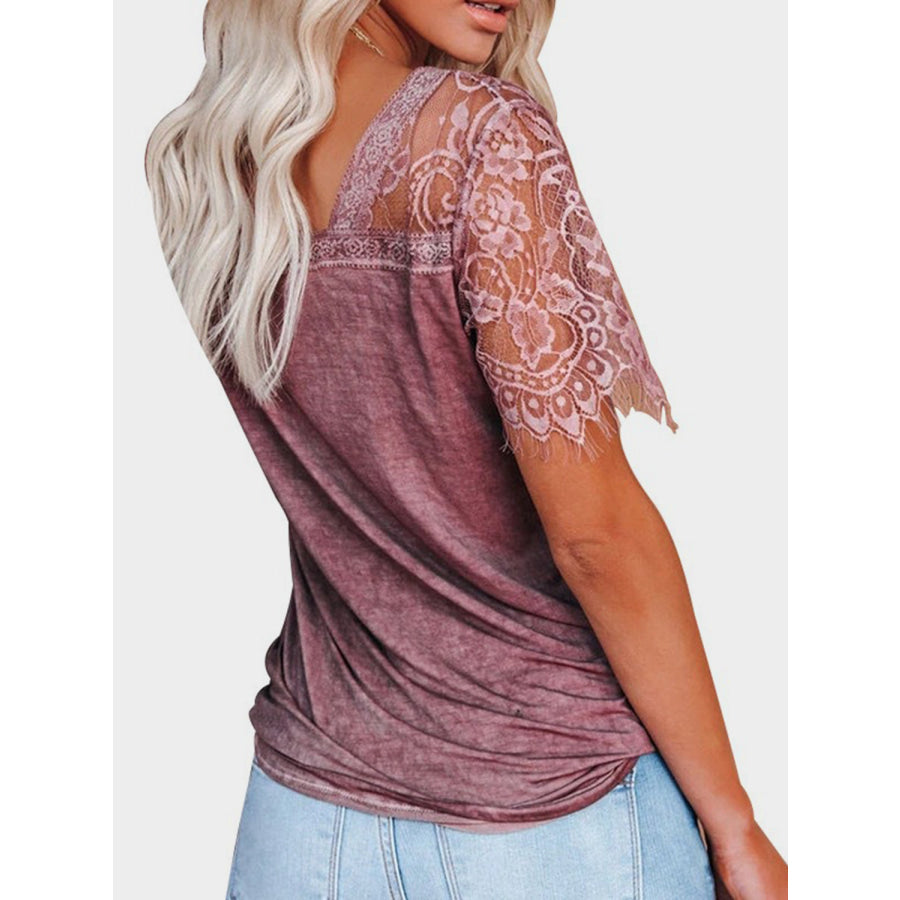 Lace Patchwork V-Neck Short Sleeve T-Shirt Apparel and Accessories