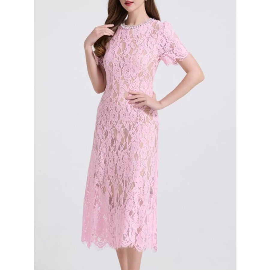 Lace Pearl Neckline Midi Dress Apparel and Accessories