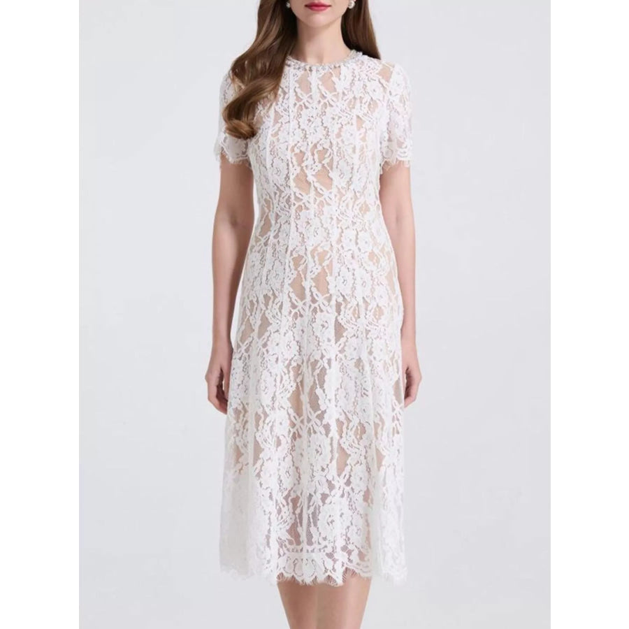 Lace Pearl Neckline Midi Dress Apparel and Accessories