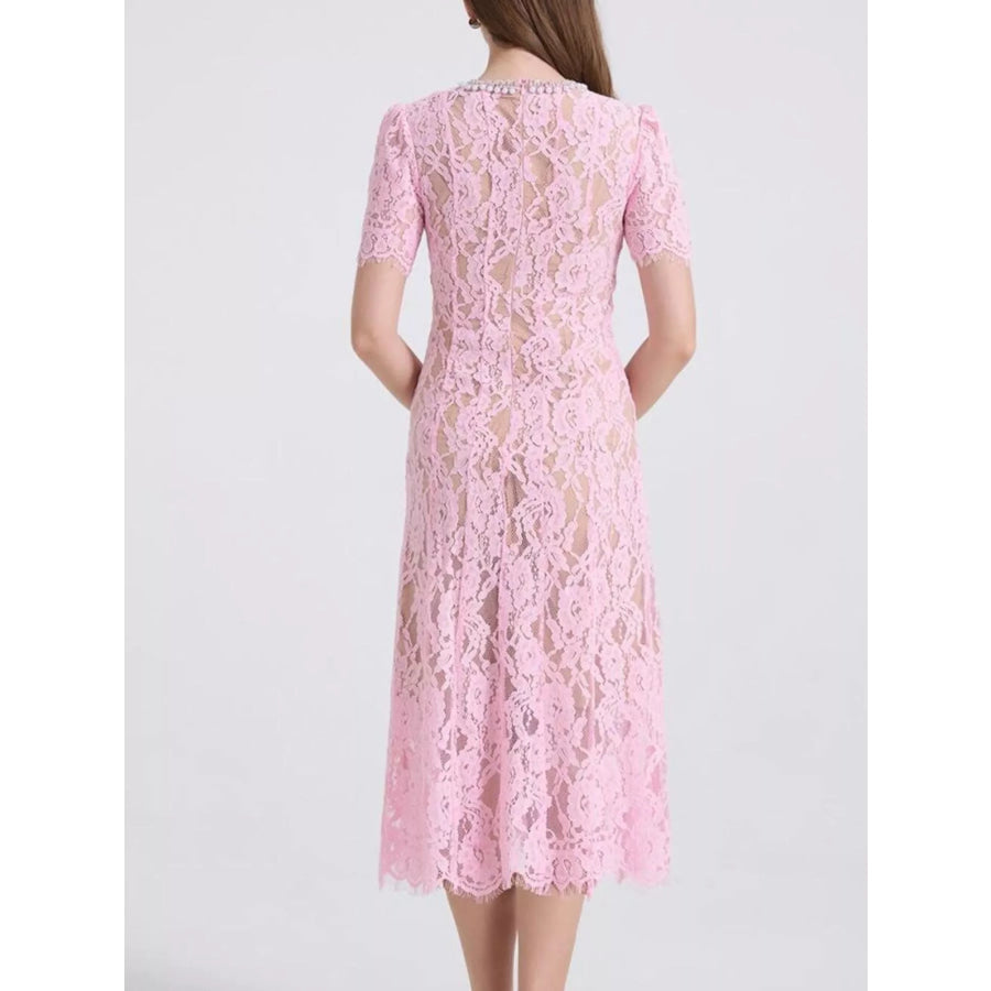 Lace Pearl Neckline Midi Dress Apparel and Accessories