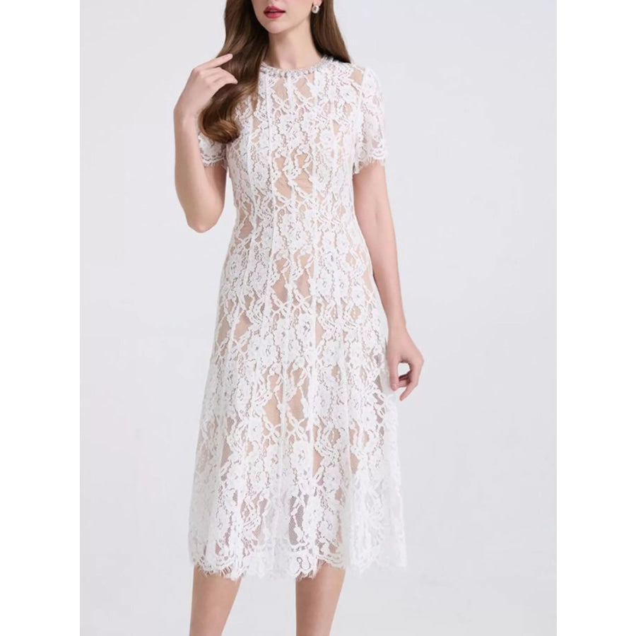Lace Pearl Neckline Midi Dress Apparel and Accessories