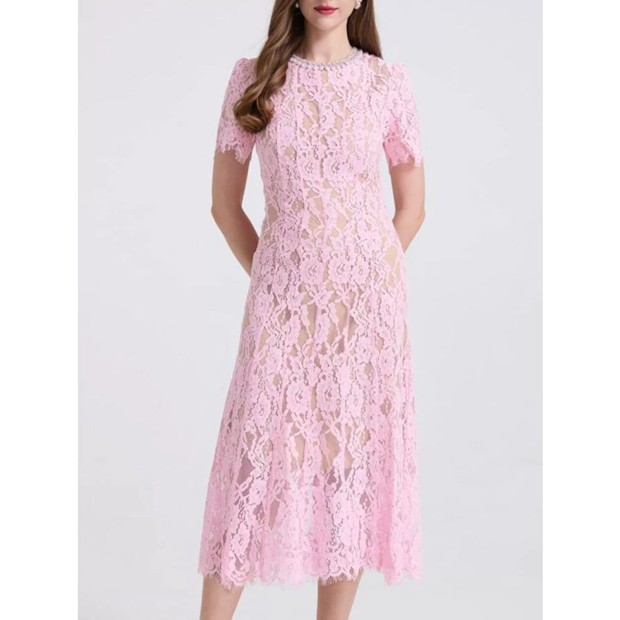 Lace Pearl Neckline Midi Dress Apparel and Accessories