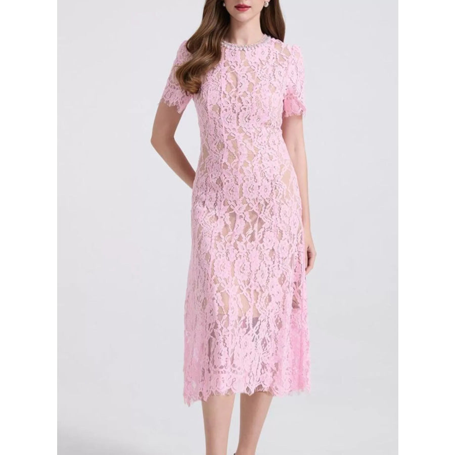 Lace Pearl Neckline Midi Dress Apparel and Accessories