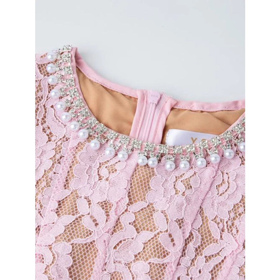 Lace Pearl Neckline Midi Dress Apparel and Accessories