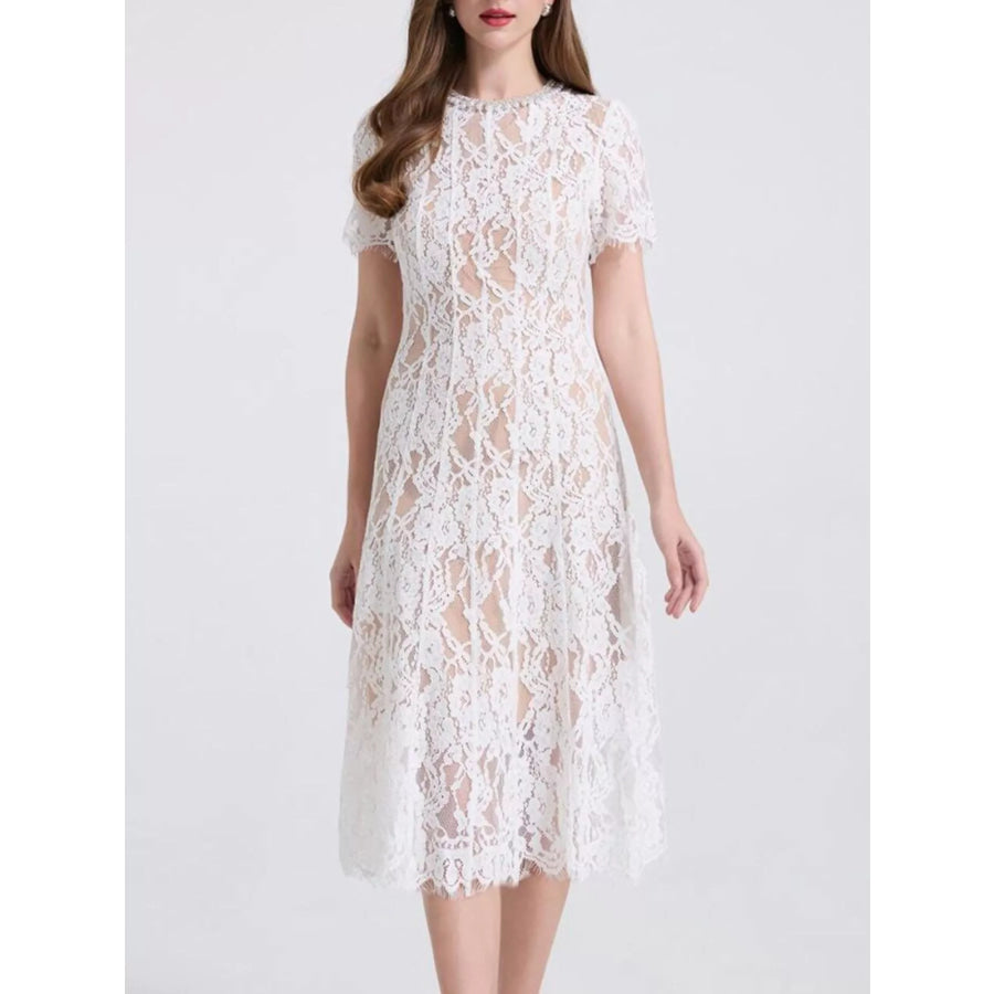 Lace Pearl Neckline Midi Dress Apparel and Accessories