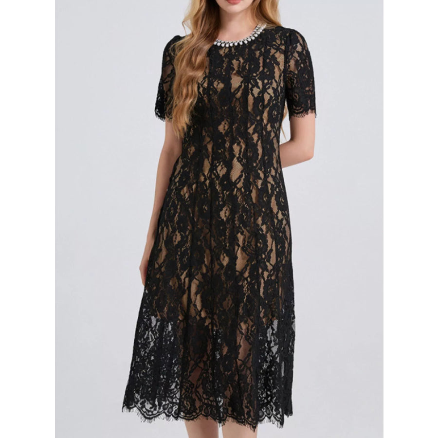 Lace Pearl Neckline Midi Dress Red / S Apparel and Accessories