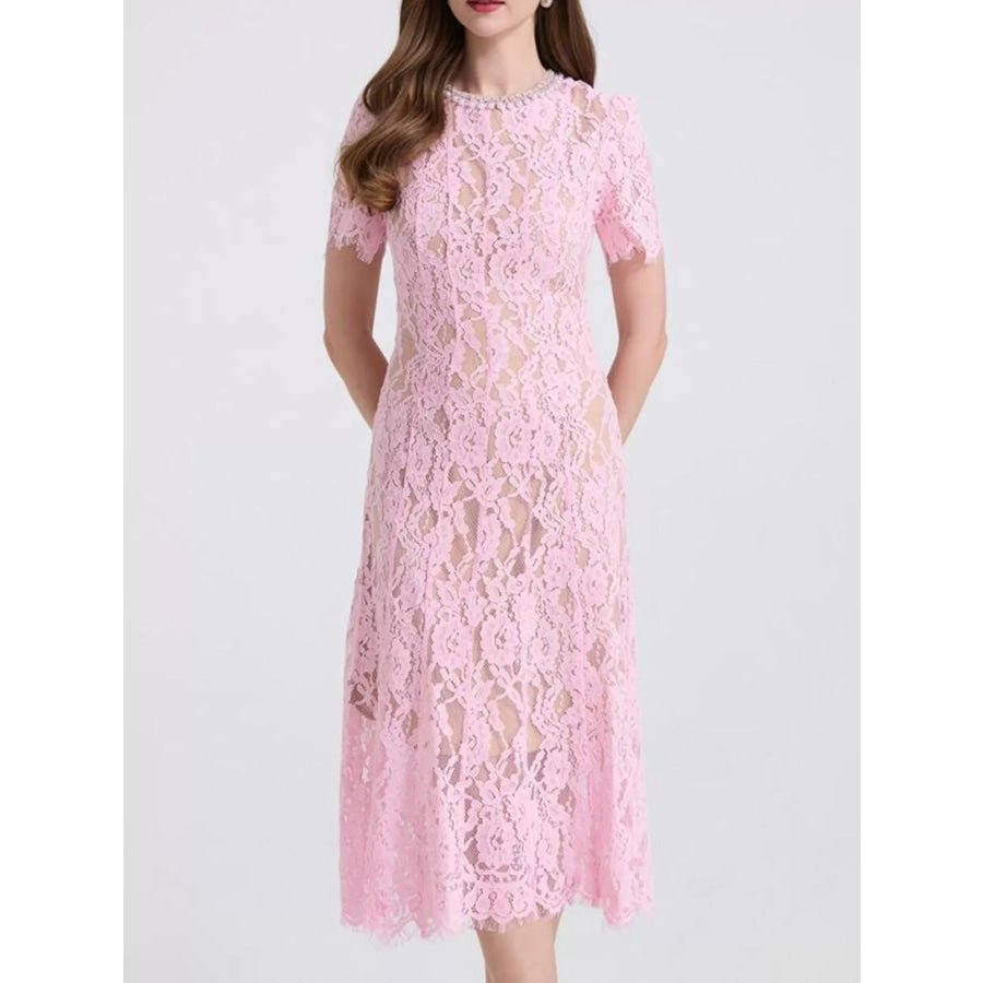 Lace Pearl Neckline Midi Dress Pink / S Apparel and Accessories