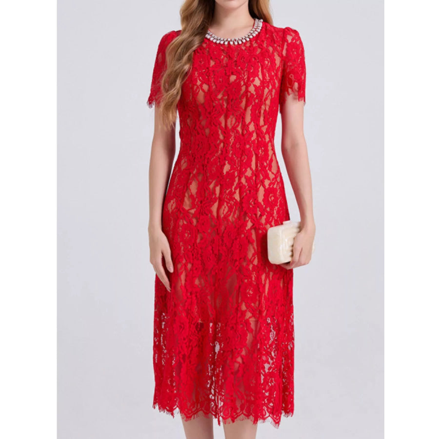 Lace Pearl Neckline Midi Dress Red / S Apparel and Accessories