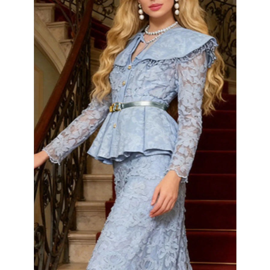Lace Peplum Top and Skirt Set Blue / S Apparel and Accessories