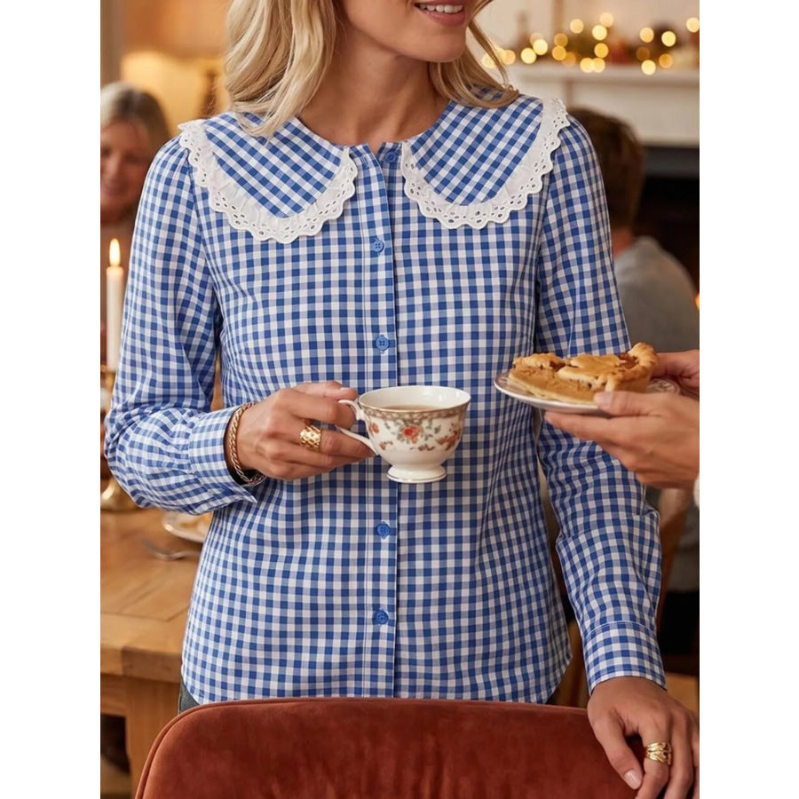 Lace Peter Pan Collar Button Up Shirt Apparel and Accessories