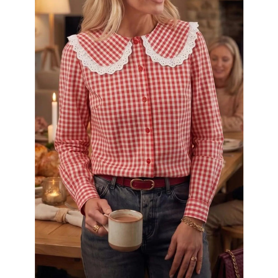 Lace Peter Pan Collar Button Up Shirt Apparel and Accessories
