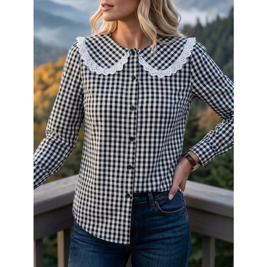 Lace Peter Pan Collar Button Up Shirt Black / S Apparel and Accessories