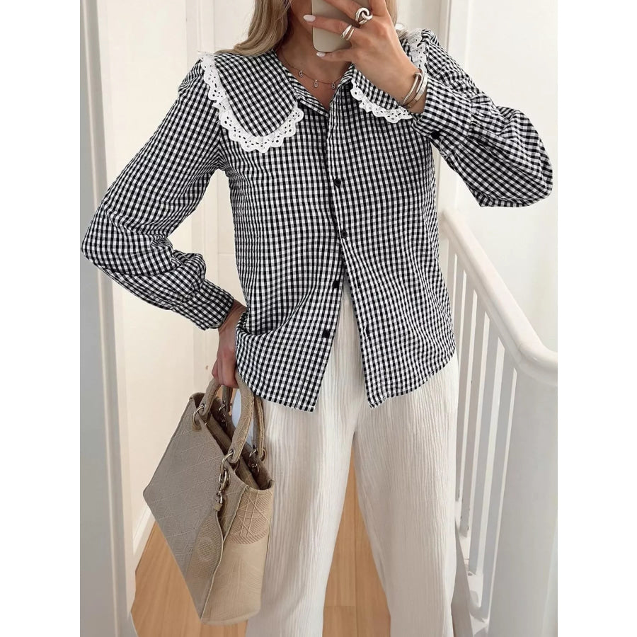 Lace Peter Pan Collar Button Up Shirt Black / S Apparel and Accessories
