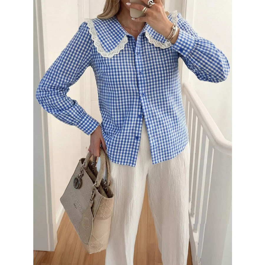 Lace Peter Pan Collar Button Up Shirt Blue / S Apparel and Accessories