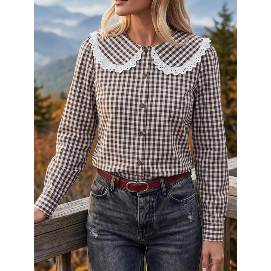 Lace Peter Pan Collar Button Up Shirt Coffee Brown / S Apparel and Accessories