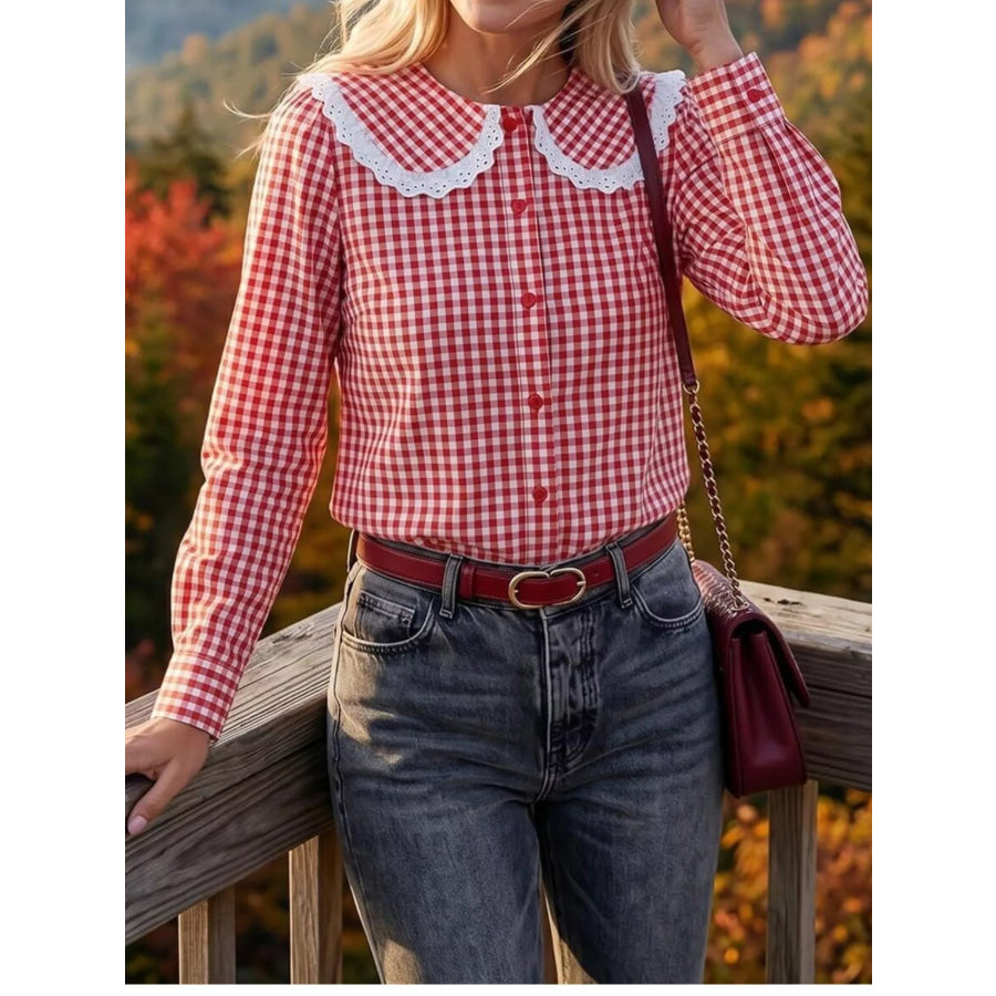 Lace Peter Pan Collar Button Up Shirt Red / S Apparel and Accessories