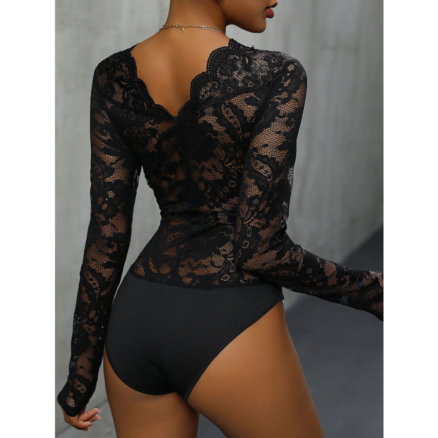 Lace Plunge Long Sleeve Bodysuit Black / S Apparel and Accessories