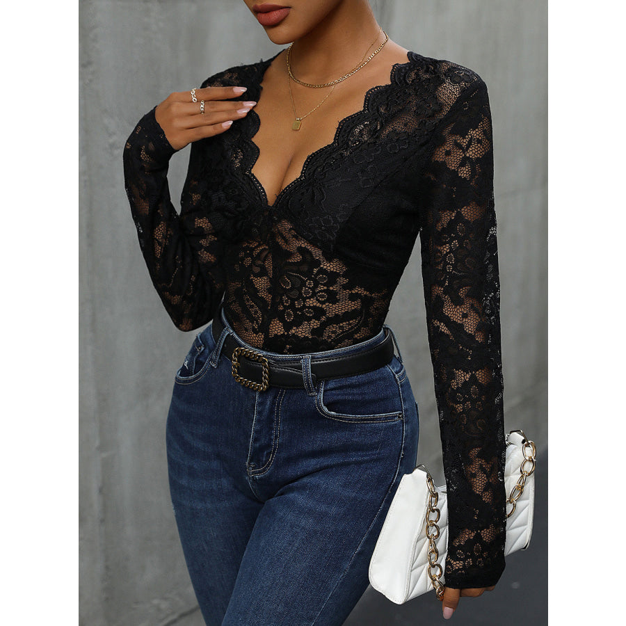 Lace Plunge Long Sleeve Bodysuit Apparel and Accessories