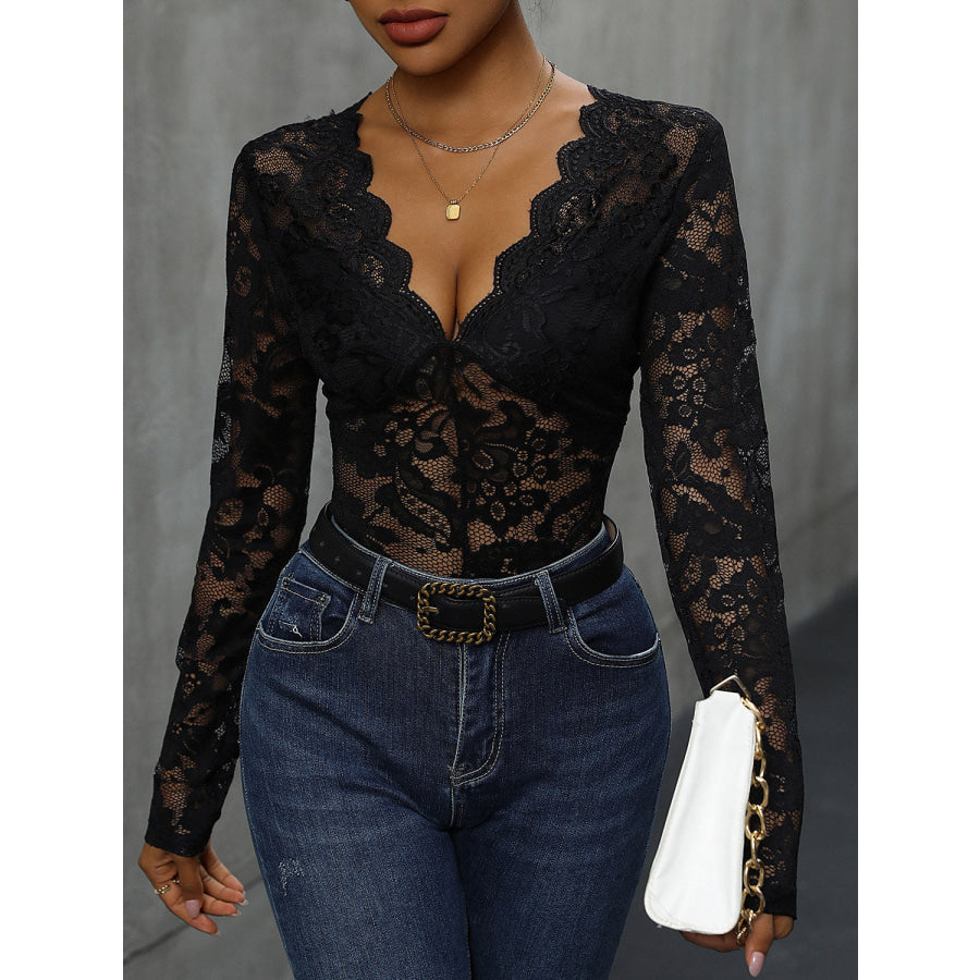 Lace Plunge Long Sleeve Bodysuit Apparel and Accessories