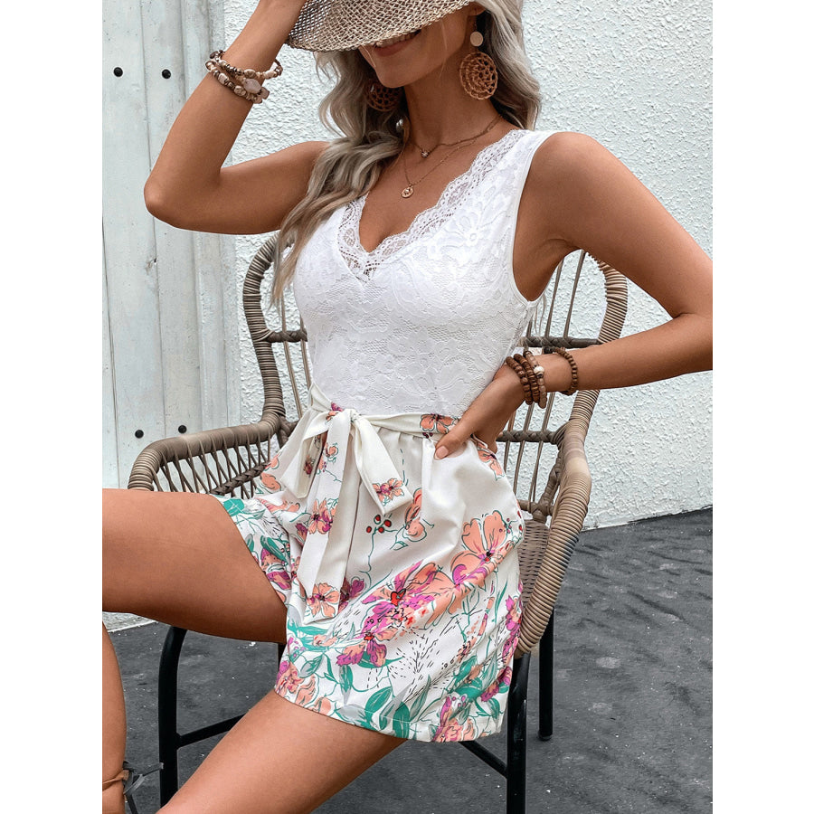 Lace Printed V-Neck Sleeveless Romper Apparel and Accessories