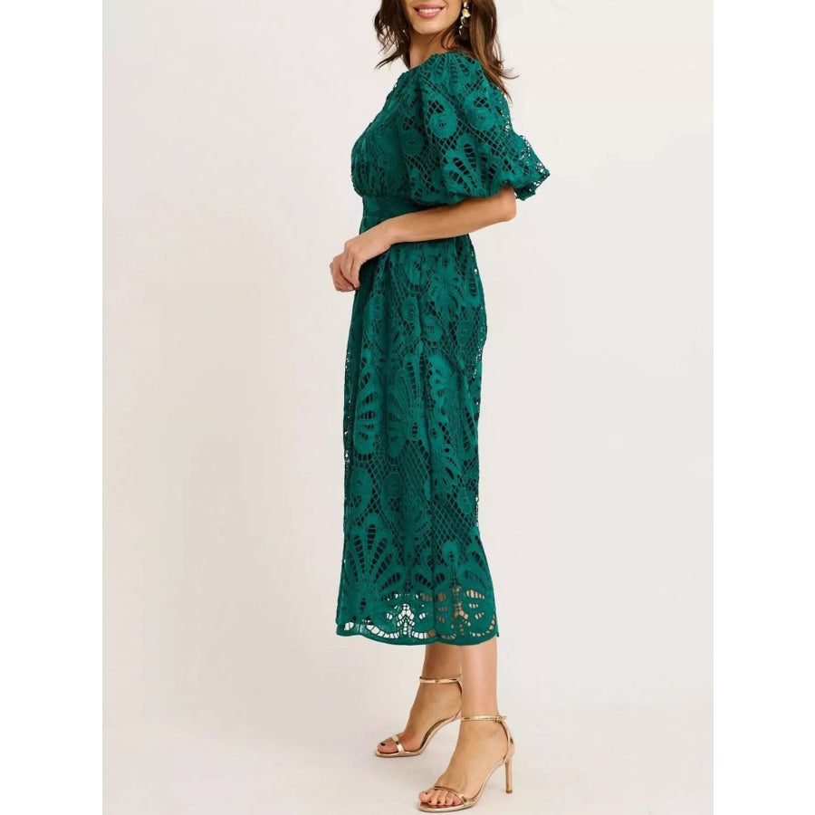 Lace Puff Sleeve Midi Dress Apparel and Accessories