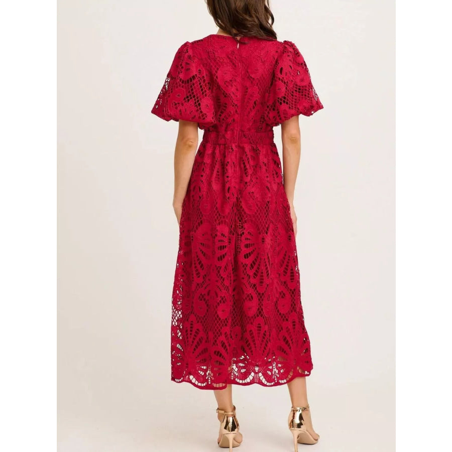 Lace Puff Sleeve Midi Dress Apparel and Accessories