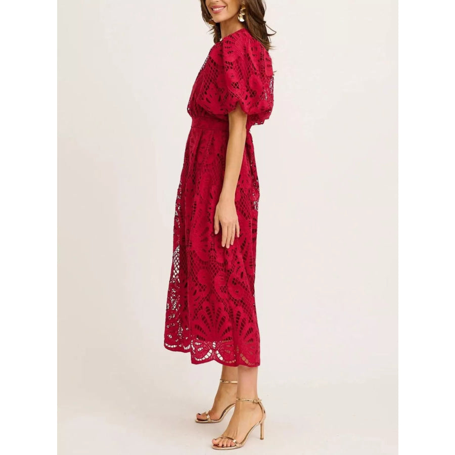Lace Puff Sleeve Midi Dress Apparel and Accessories