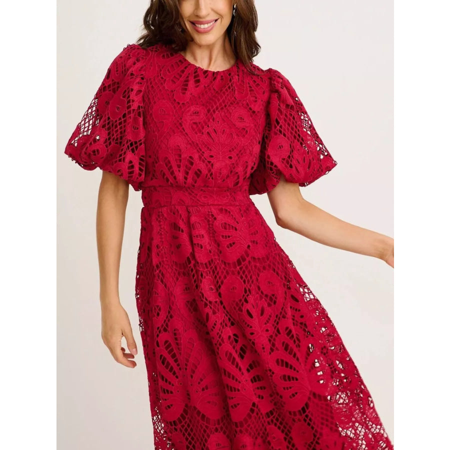 Lace Puff Sleeve Midi Dress Apparel and Accessories