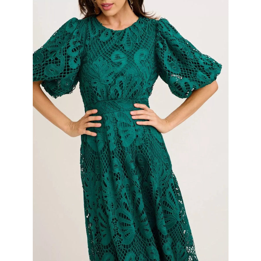 Lace Puff Sleeve Midi Dress Apparel and Accessories