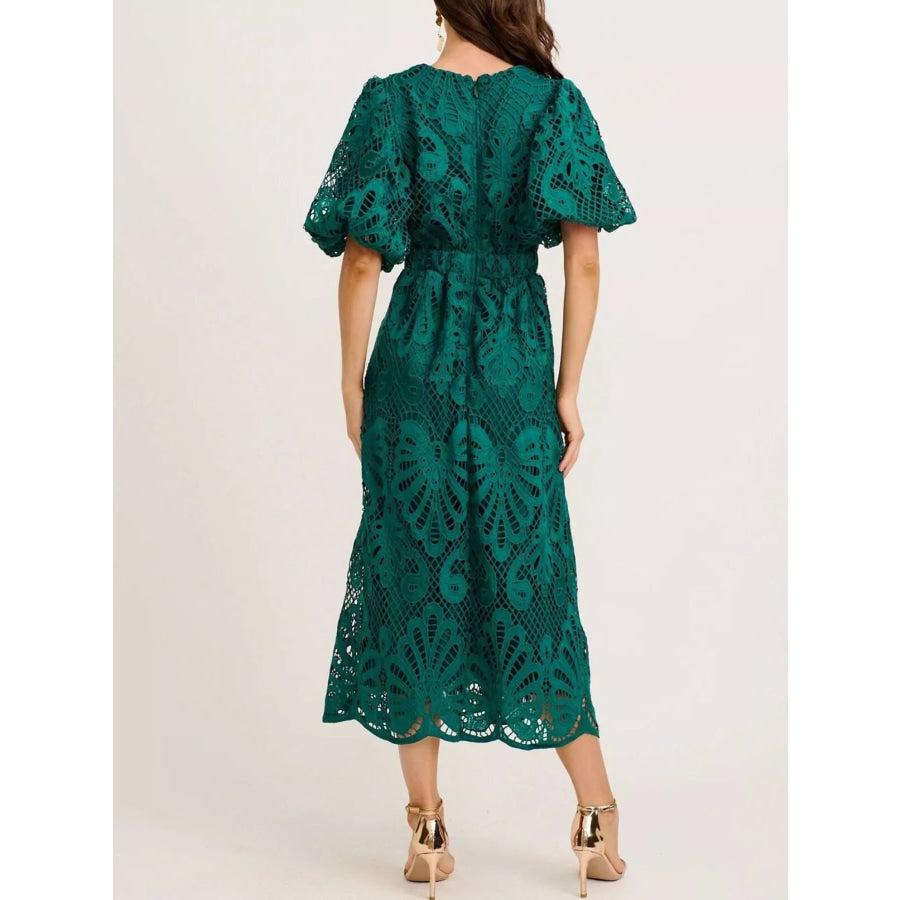 Lace Puff Sleeve Midi Dress Apparel and Accessories