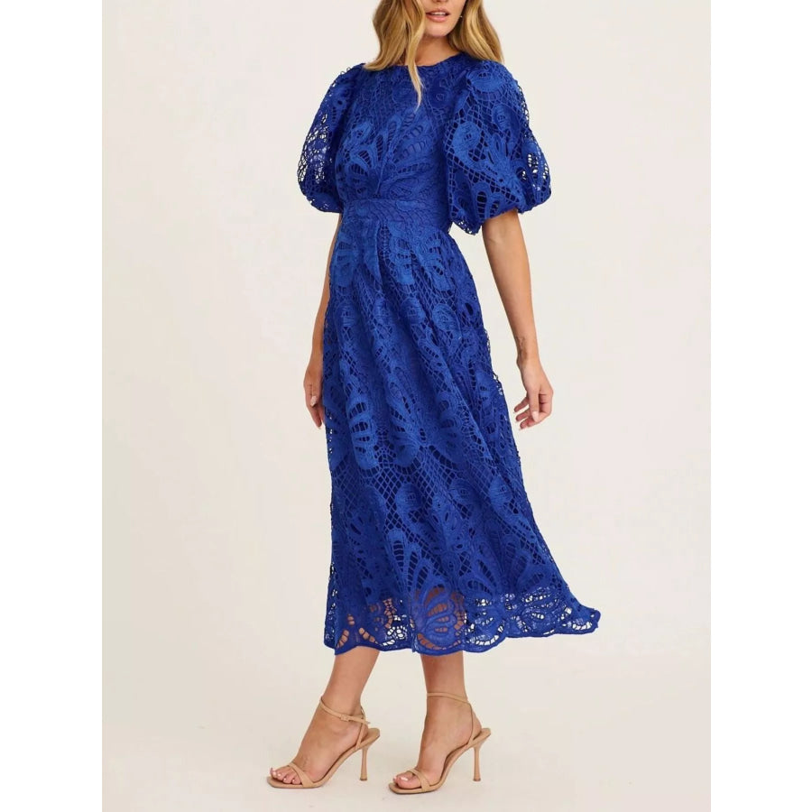 Lace Puff Sleeve Midi Dress Blue / S Apparel and Accessories
