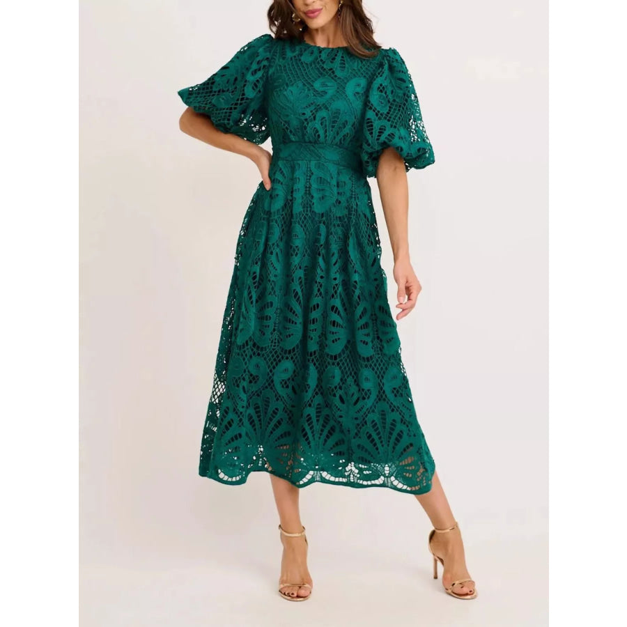 Lace Puff Sleeve Midi Dress Green / S Apparel and Accessories