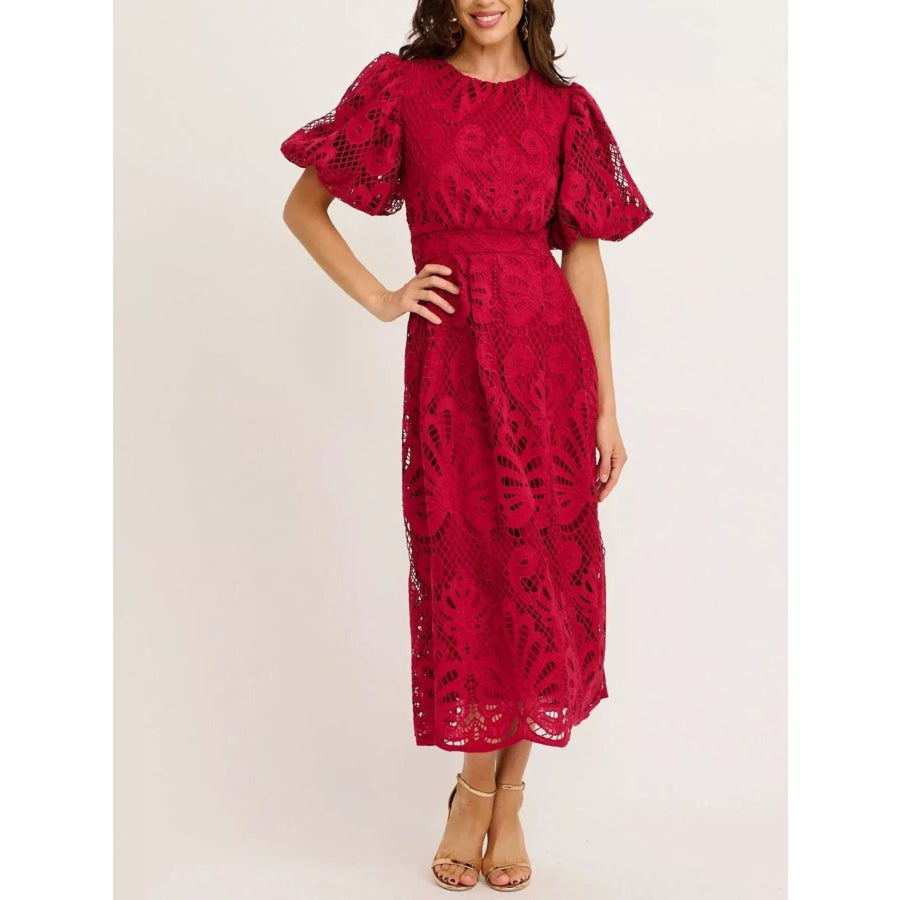 Lace Puff Sleeve Midi Dress Wine Red / S Apparel and Accessories