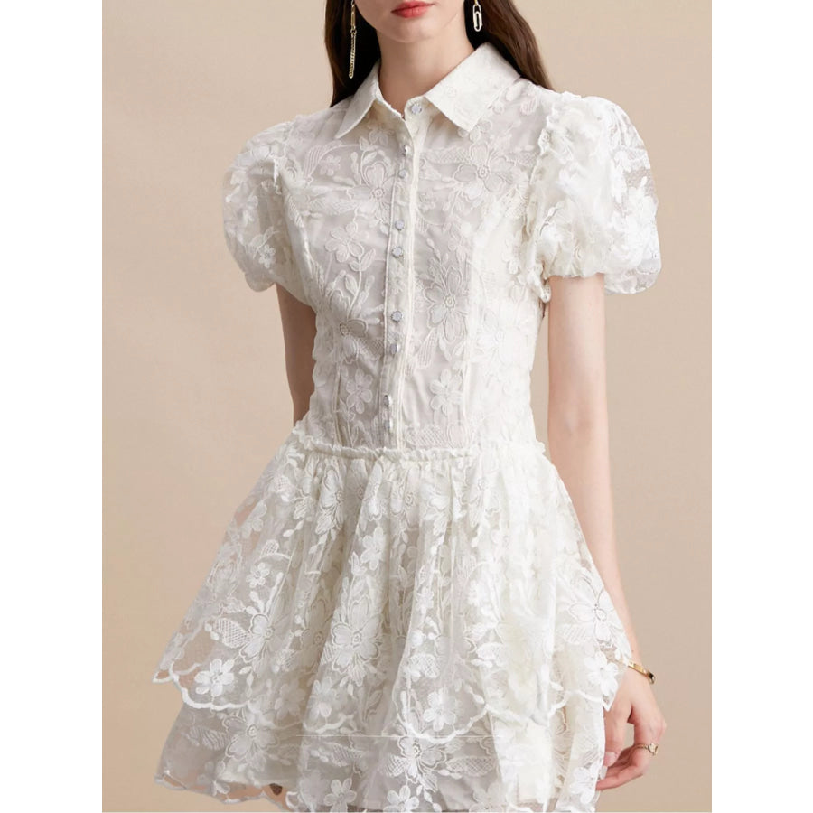 Lace Puff Sleeve Mini Dress Apricot / S Apparel and Accessories
