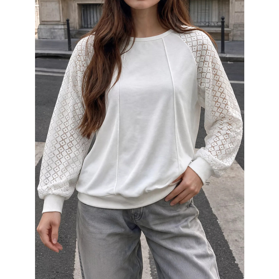 Lace Raglan Sleeve Sweatshirt White / S Apparel and Accessories