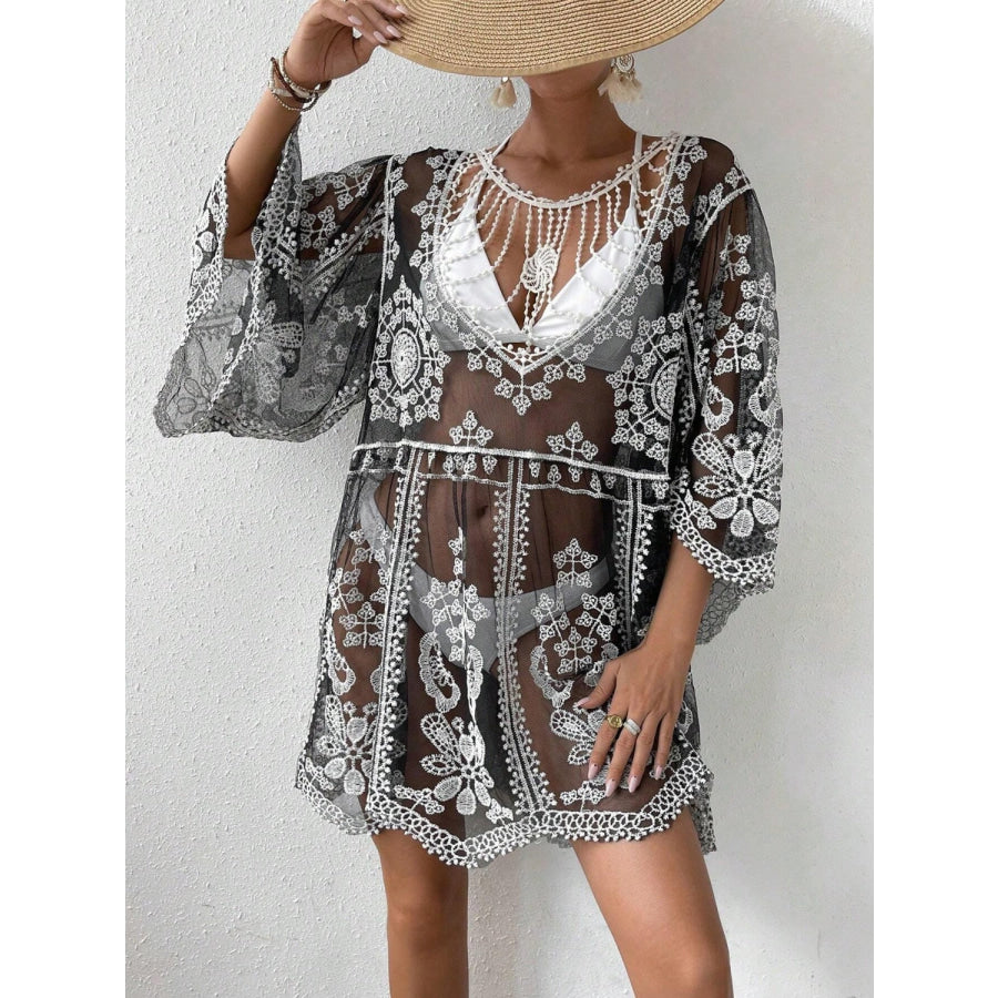Lace Round Neck Cover-Up Black / One Size Apparel and Accessories