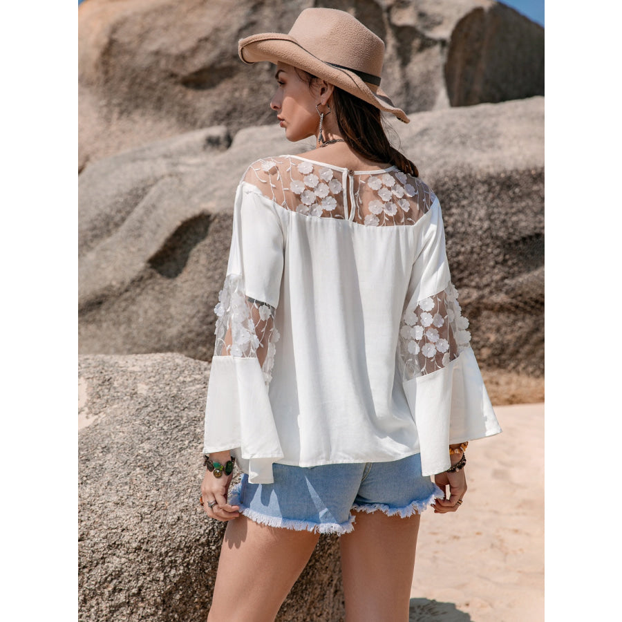 Lace Round Neck Long Sleeve Blouse Apparel and Accessories