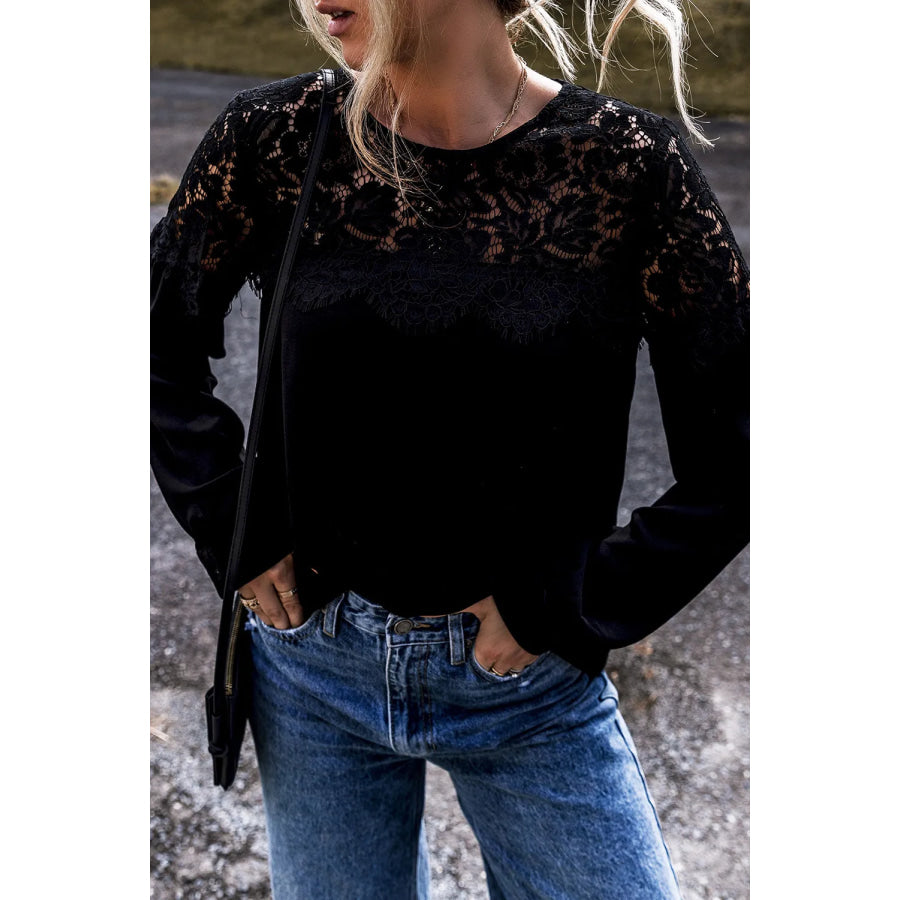 Lace Round Neck Long Sleeve Blouse Apparel and Accessories