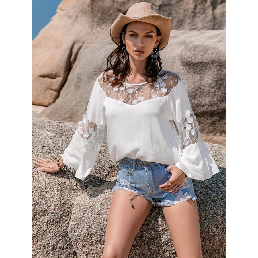 Lace Round Neck Long Sleeve Blouse Apparel and Accessories