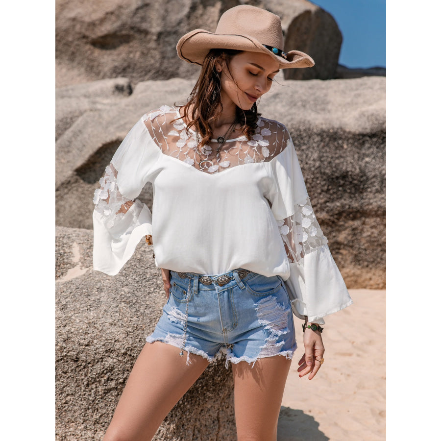 Lace Round Neck Long Sleeve Blouse Apparel and Accessories