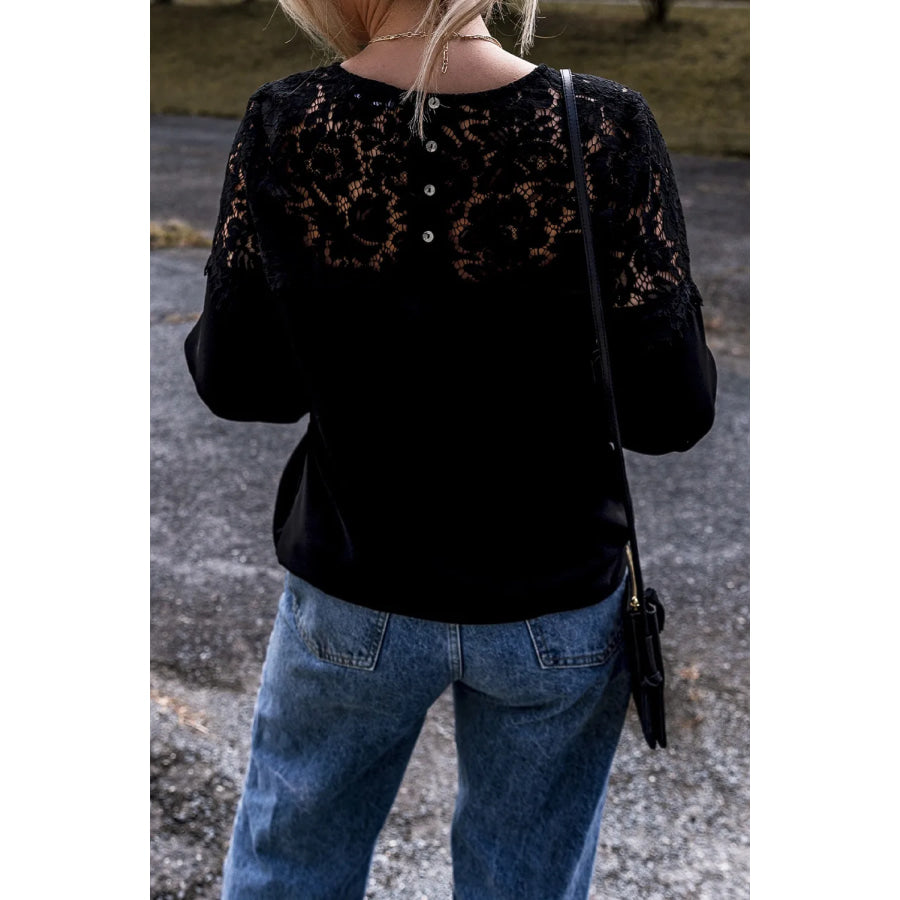 Lace Round Neck Long Sleeve Blouse Apparel and Accessories