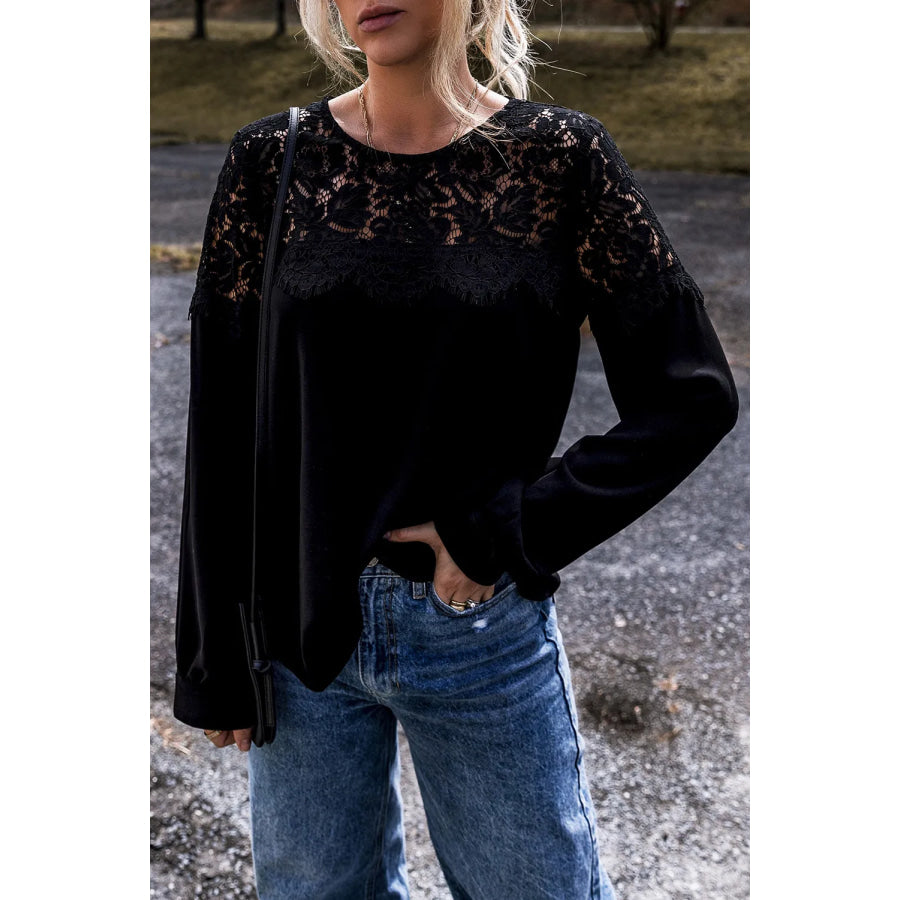 Lace Round Neck Long Sleeve Blouse Black / S Apparel and Accessories