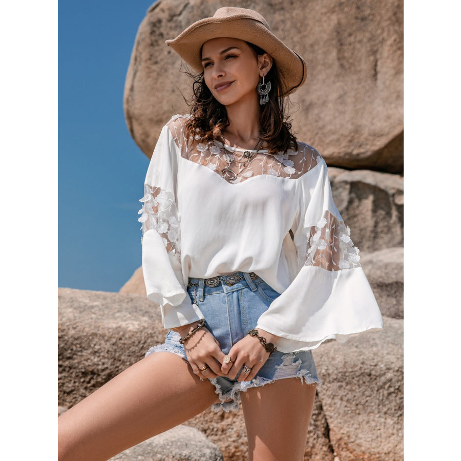 Lace Round Neck Long Sleeve Blouse White / S Apparel and Accessories