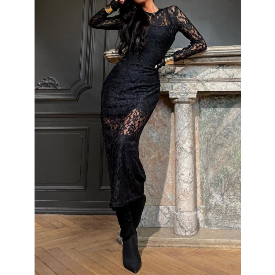 Lace Round Neck Long Sleeve Midi Dress Apparel and Accessories