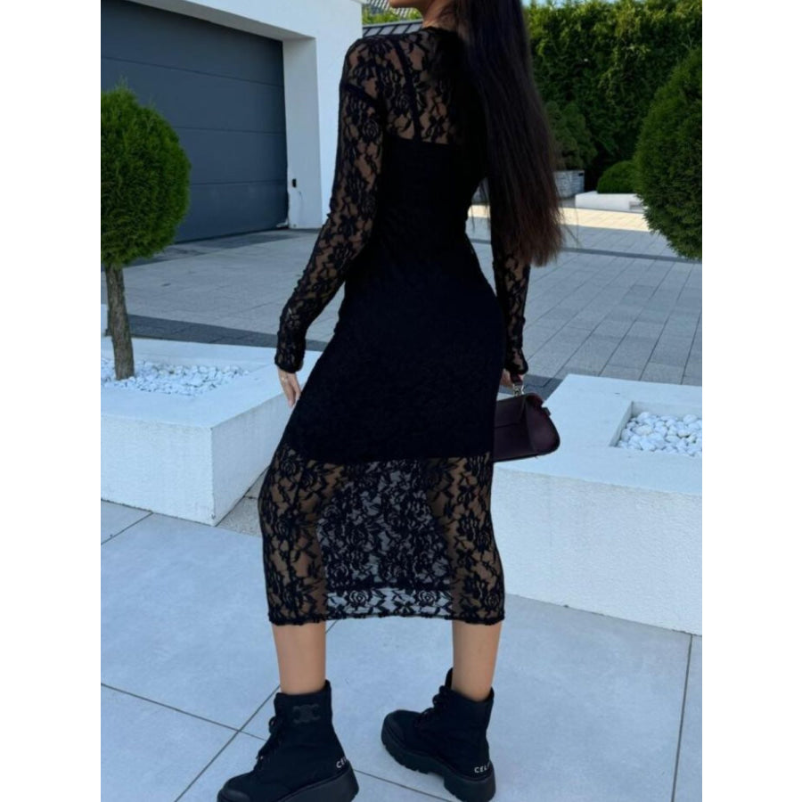 Lace Round Neck Long Sleeve Midi Dress Apparel and Accessories